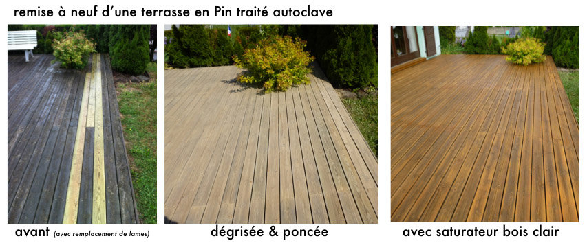 remise à neuf dune terrasse en pin traité autoclave, avant, après remise à neuf dune terrasse en pin traité autoclave, avant, après
